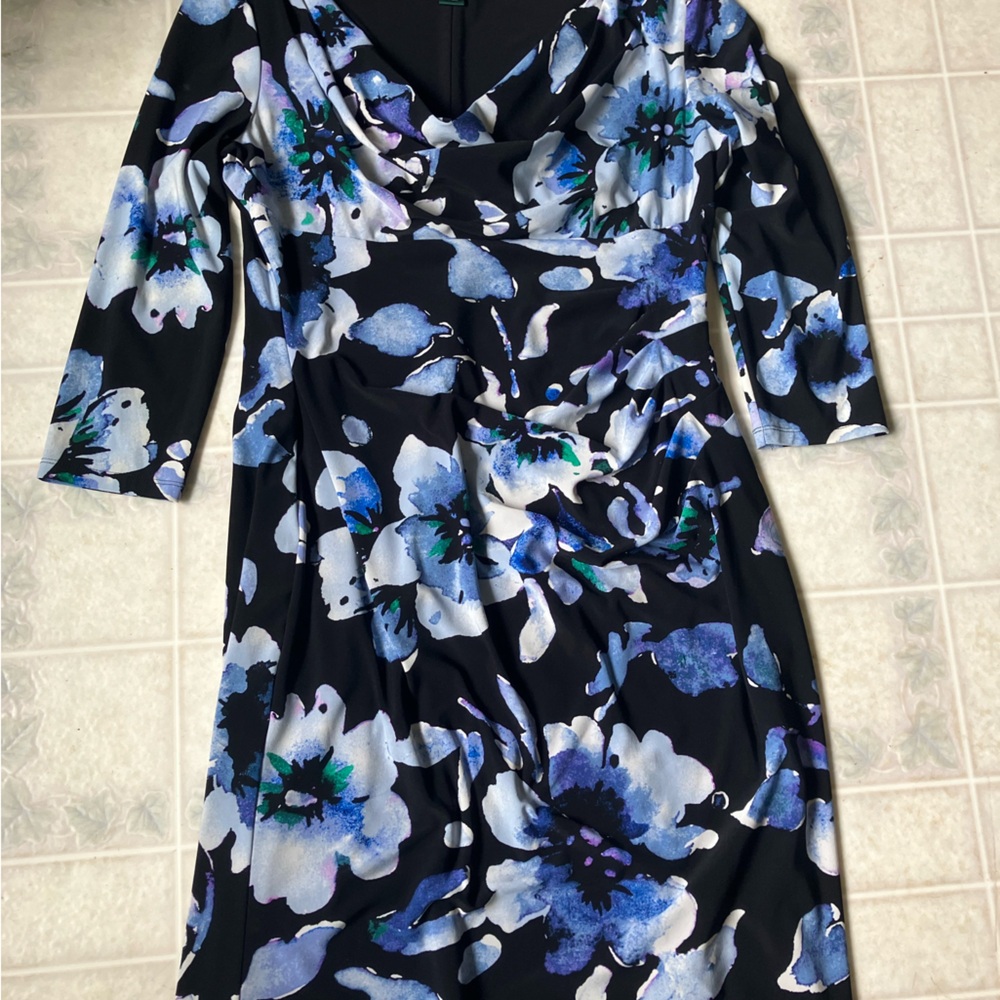 Lauren ralph Lauren Blue floral lined pleated side 3/4 sleeve cowl neck dress - Picture 2 of 8